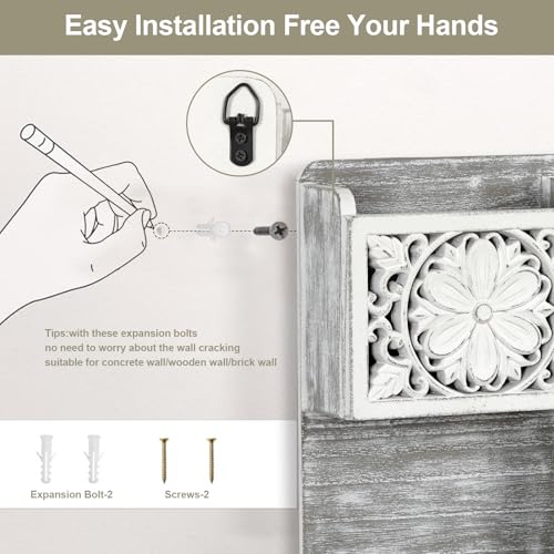Mail Organizer Wall Mounted, 2 Slots Key Holder for Wall with 8 Hooks, Rustic Wood Key Rack with Shelf for Entryway Hallwall Farmhouse - size: Large