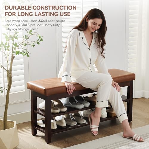 40" Shoe Bench with Leather Cushion, 2-Tier Shoe Rack Entryway Bench, Wood Bench for Front Door Entrance, Mudroom, Hallway, Wooden Shoe Shelves, Shoe Organizer, Shoe Storage, Light Brown - color: Light Brown