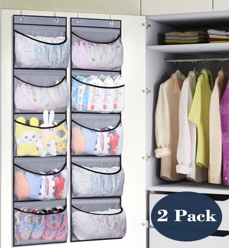 KEETDY Hanging Shelves Over the Door Organizer Storage for Closet with 5 Pockets Organizer for Bedroom Bathroom, 2 Pack（Grey） - color: Grey