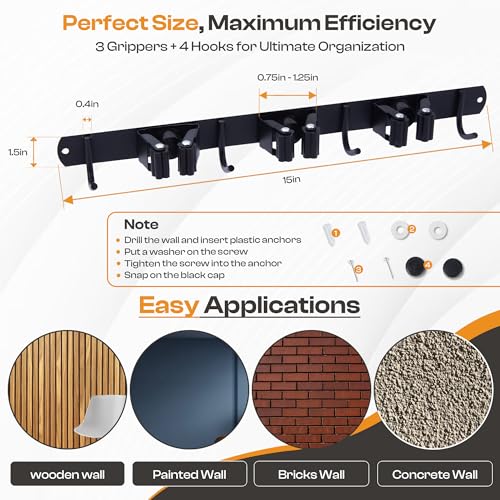 Heavy-Duty Stainless-Steel Broom Holder Wall Mount with 3 Racks and 4 Hooks | Waterproof Mop and Broom Hanger | Adjustable, Garage & Garden Tool Organizer | Black - size: 3 Racks & 4 Hooks