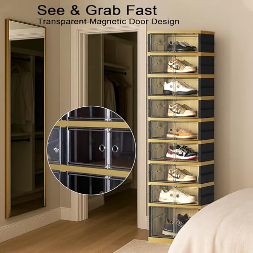 SYNCVIBE Portable Shoe Rack Organizer 9 Tiers 18 Pairs Collapsible Shoe Cabinet Foldable Shoe Storage Boxes Magnetic Doors, Folding Sneaker Organizer, Easy Assembly Shoe Shelf for Closet, Black Gold - color: Black and Golden, size: 9 Tier 18 Pairs