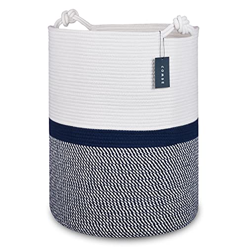COMSE Extra Large Blanket Basket, Tall Woven Storage Basket, Nursery Hamper, 15.7”x 21.7”, Cotton Rope Laundry Hamper for Toys Clothes Towels, Blend White/Navy Blue - color: Blend White & Navy Blue