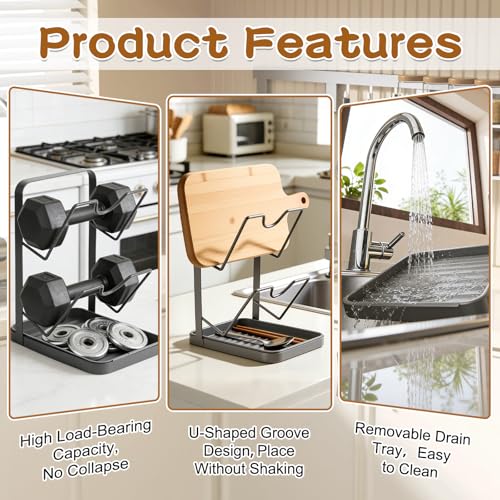 Kitchen Pot Lid Storage Rack, Double-Layer Pot Lid Organizer with Removable Drip Tray,Pot Lid Holder While Cooking,Space-Saving kitchen Countertop Organizer Storage for Pots Pans & Cutting Boards - color: Black