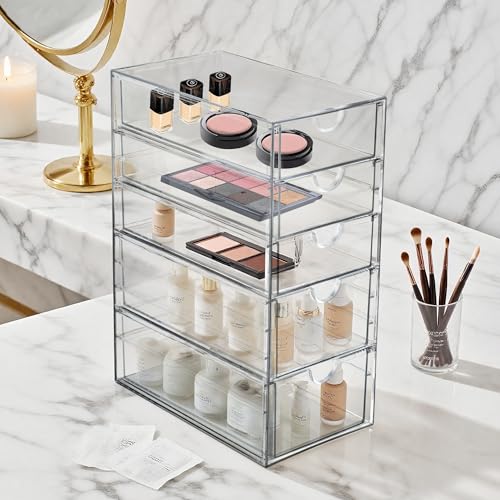 Prsildan Acrylic Drawer Makeup Organizer with 5 Drawers, Hair Accessories Organizer, Office Desk Organization, Clear Stackable Storage Drawers for Vanity, Countertop, Craft, Jewelry - style: 5 Drawers