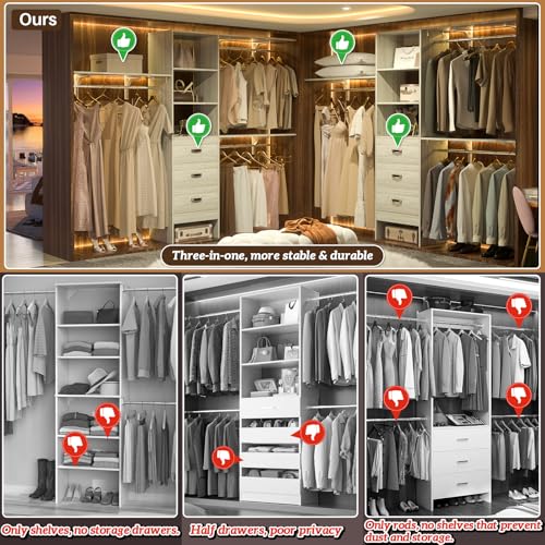 iSunirm 8FT Closet System, 96'' Closet Organizer System with 3 Hanging Rods, Wall Mount Bedroom Wardrobe with 3 Drawers Walk-in Closet, Adjustable Garment Rack from 5 to 8FT(Cut to Fit), White Oak - color: White Oak