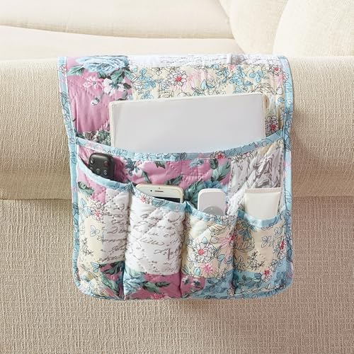 Brilliant Sunshine Lilac Rose Couch Sofa Armrest 5 Pockets Organizer, Slip Resistant Recliner Armchair Caddy, Washable Remote Controls Holder, Storage for Magazine, Tablet, Phone, 35×13", Egg Blue - color: Lilac Egg Blue