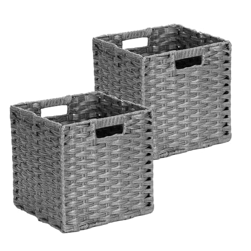 DULLEMELO 11x11 Wicker Baskets for Storage, Plastic Woven Cube Storage Bins for Shelves, Waterproof Foldable Wicker Baskets for Organizing Shelves,Closet, Clothes, Toys-Grey - color: Woven-Grey, size: 11in-2 pack