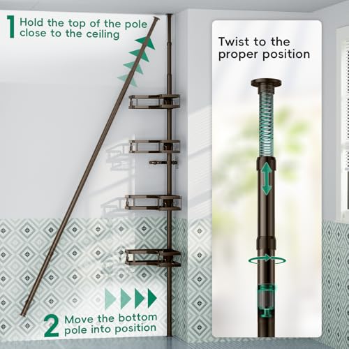 HEVEL Corner Shower Caddy Tension Pole, 4 Tier Adjustable Shower Organizer Corner 62-115 Inch, Rustproof Bathroom Shower Shelves for Bathtub Storage,Bronze - color: Bronze
