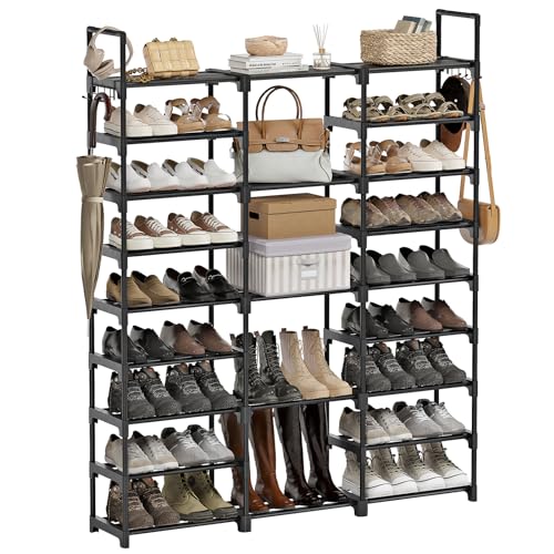WOWLIVE 9 Tiers Large Shoe Rack Storage Organizer for Closet 50-55 Pairs Shoe Tower Unit Shelf Stackable Shoe Rack with Metal Pipes Plastic Connectors Black(SSS3B9) - color: Black, size: 3 Row 9 Tier
