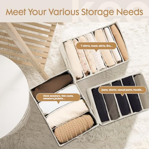 Criusia 6 Pack Large Clothes Organizer, Wardrobe Closet Organizer and Storage with Handles, Foldable Fabric Closet Organizers Dividers for Clothing, Pants, Jeans, Sweater, T-shirts, Beige - color: Beige