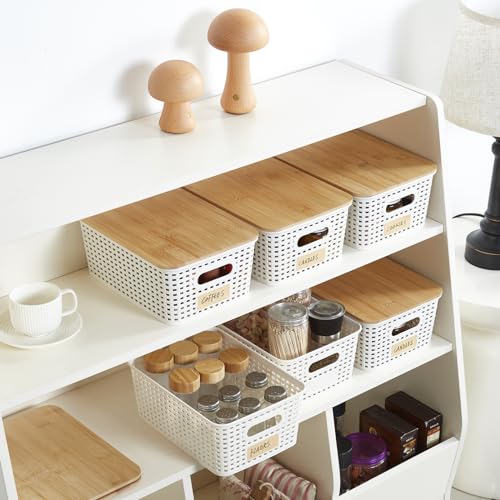 Bagnizer Small Plastic Storage Bins with Bamboo Lids 5.2qt Stackable Box Basket Pantry Decorative Containers Cute with Labels for Organizing Desktop Closet Office Cream White of 6 packs 10*7.2*4.1" - color: Cream White, size: Small- 6 Pack
