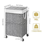 Chrislley 90L Slim Laundry Hamper with Wheels, Rolling Laundry Basket with Lid and Renovable Liner Bag, Handwoven Rattan Organizer for bedroom, bathroom, laundry room (Grey) - color: Grey