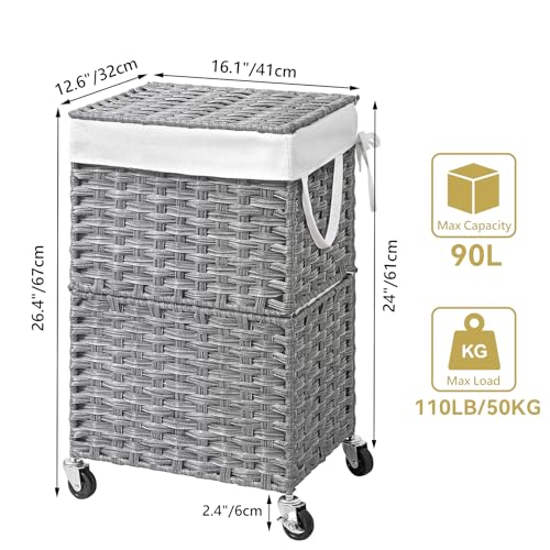 Chrislley 90L Slim Laundry Hamper with Wheels, Rolling Laundry Basket with Lid and Renovable Liner Bag, Handwoven Rattan Organizer for bedroom, bathroom, laundry room (Grey) - color: Grey