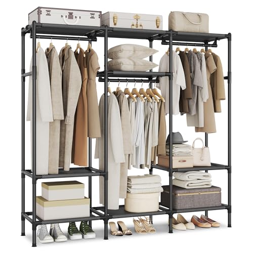 SONGMICS Clothes Rack,72 Inch Large Capacity Portable Closet, Heavy Duty Wardrobe Closet Organizer with Hanging Rails and Shelves, Total Load 330 lb, Easy Assembly, for Bedroom, Black URDR211B01 - size: 72"L x 17.7"W x 74.8"H