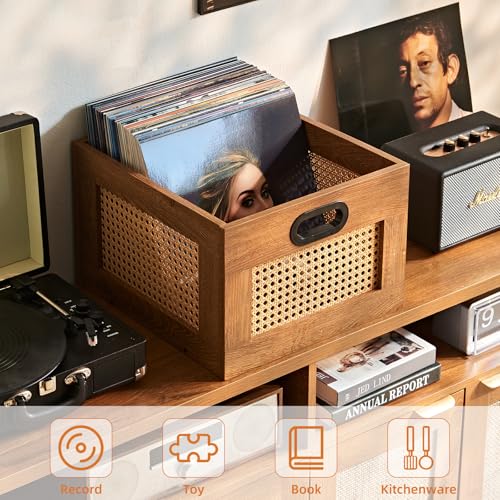 LELELINKY Vinyl Record Storage Crate, Rattan Vinyl Record Holder with Handle, Wood Record Crate for Vinyls Holder up to 75 LP's, Desktop Cube Album Storage for Vinyls Records(Tea Brown) - color: TeaC, size: 1 Pack
