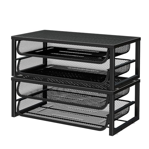 Ekisemio 2-Pack 2-Tier Monitor Stand Riser with Drawer, Metal Computer Desk Organizer for Home Office, Black