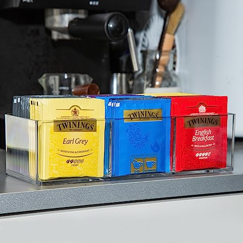Tea Bag Organizer Holds up to 60 Tea Bags, Tea with 3 Compartments, Adhesive Wall Mount Tea Box Strong Tea bag Holder Hooks for Storage Cabinet and Kitchen Pantry Doors Transparent