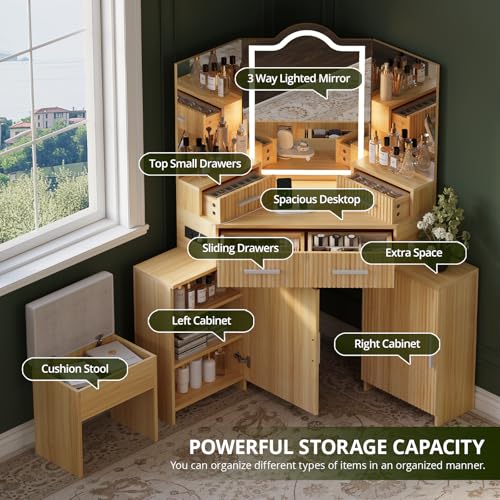 FURSUN Fluted Makeup Vanity Desk with HD 3 Way Mirror and Lights, 51" Large Corner Vanity Table with Charging Station, Dressing Table with 4 Drawers & 2 Storage Cabinets for Bedroom, Natural Oak - size: 20.0"D x 51.2"W x 56.3"H, style: Natural Oak