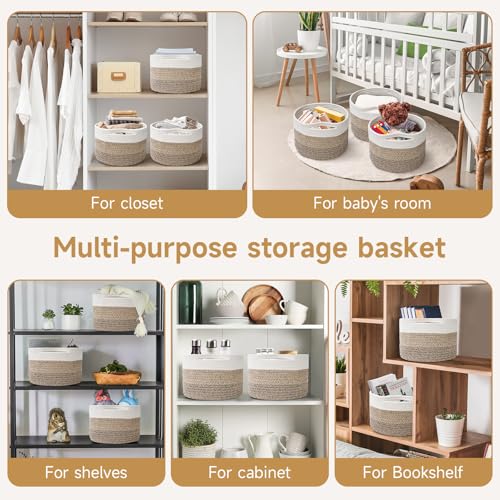 Small Rope Baskets for Storage, Baskets for Gifts Empty, Cute Round Woven Basket, Decorative Shelf Baskets 9.82×9.82×7.1", Cotton Toy Storage Bins for Organizer 3 Packs Mixed Brown - color: Mixed Brown-3PCS
