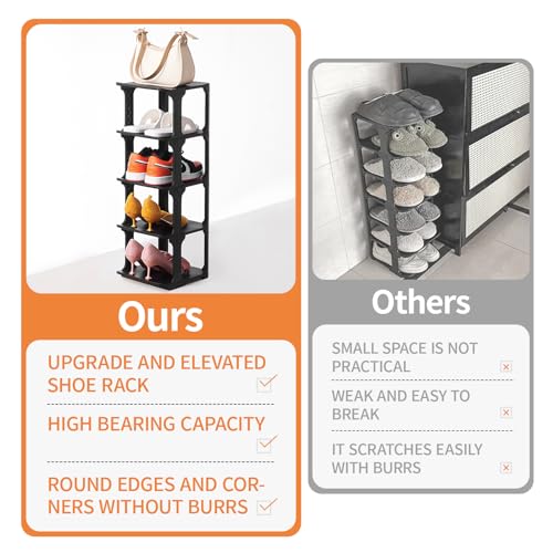 5 Tiers Shoe Rack Organizer for Closet Shoe Holder Storage Narrow Plastic Vertical, Free Standing Shoe Rack Shelf for Entryway Stackable Stability DIY, Black - color: Black