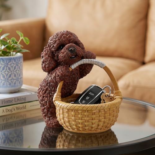 Vanity Jewelry Dish & Catchall Valet Tray for Bedroom Nightstand Featuring Red Poodle - Dog Statue Ring Holder & Candy Bowl - Aesthetic Animal Figurine Dresser Decor - color: Poodle Holding Basket - Red, size: Poodle
