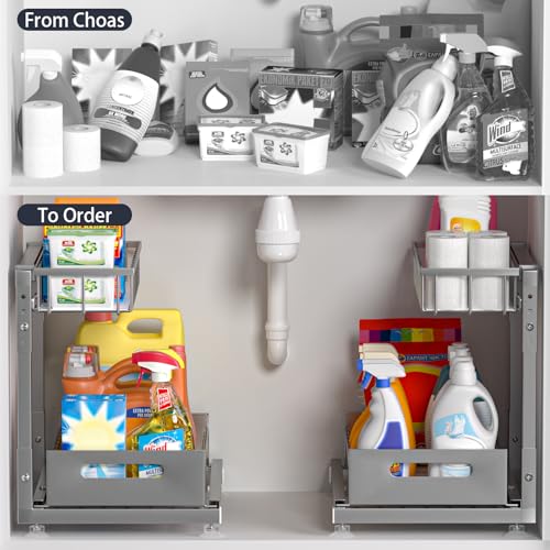 L-Shaped Under Sink Organizer, 2-Tier Pull Out Metal Kitchen Cabinet Organizer with Sliding Storage Drawer, Height Adjustable Heavy Duty Under Bathroom Sink Storage for Cleaning Supplies 1 Pack - color: Grey V2.0, size: 1 Pack