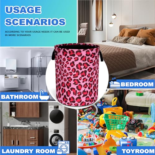 Pink Leopard Laundry Basket Oxford Cloth Funny Cheetah Skin Laundry Hamper With Handle Foldable Portable Clothes Storage Basket 18.9 X 16.5 In Storage Bag For Laundry Room/Bathroom/Bedroom/Dormitories - color: Pink Leopard