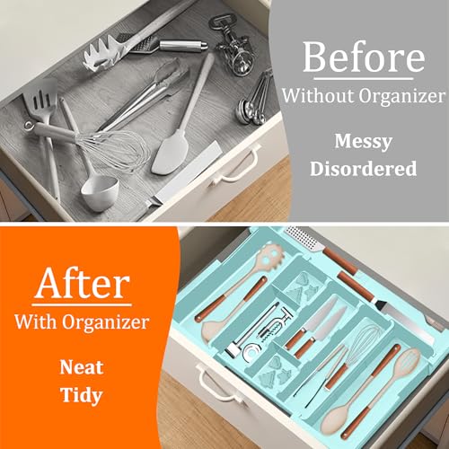 Large Utensil Drawer Organizer Expandable Silverware Organizer for Kitchen Drawer Adjustable Cooking Utensil Holder Cutlery Flatware Tray Spatula Tools Gadgets Storage Dividers Plastic Turquoise - color: Turquoise