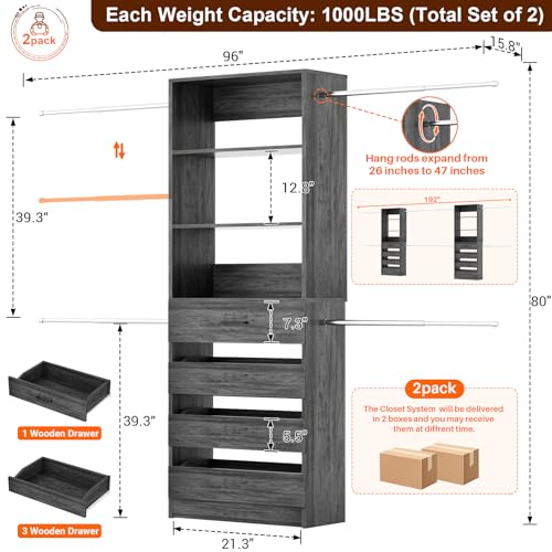 Aheaplus Closet System Set of 2, 4-9Ft Wood Closet Organizer with 8 Drawers & Shelves, Closet Organizer System with 8 Hanging Rods, Walk-in Closets Organizer Wardrobe Closet Rack, Black Oak - color: Black Oak-2Sets