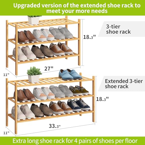 BMOSU 3-Tier Bamboo Extended Shoe Rack Premium Stackable Shoe Shelf Storage Organizer for Hallway Closet Living Room Entryway Organizer (Natural Bamboo) - color: Natural Bamboo, size: 3-Tier Long（33.3*11*18.3inches）