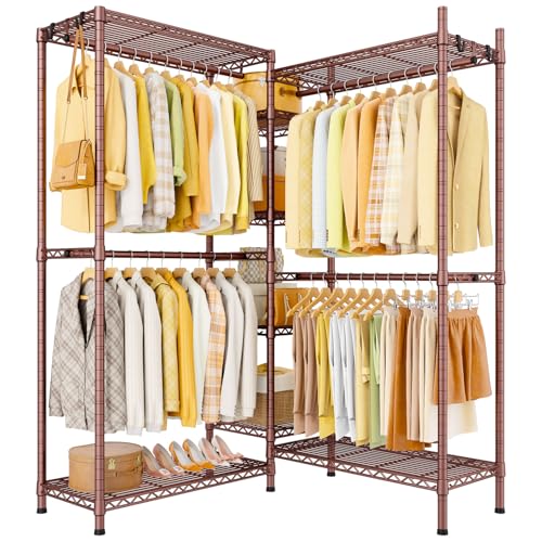 Ulif E4L L-shaped Clothes Rack, Heavy-Duty Garment Rack, Metal Freestanding Clothing Organization Storage System with Shelves and Hangers, Max Load 962lbs, 42.7" W x 42.7" D x 79.3" H, Bronze - color: Bronze