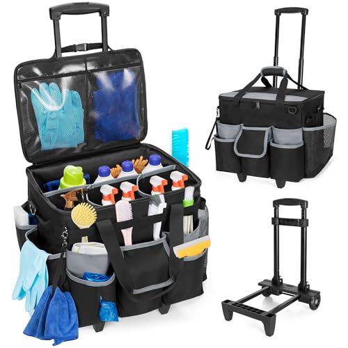 HODRANT Large Rolling Cleaning Caddy with Detachable Trolley & Lid, Cleaning Cart on Wheels with Shoulder Strap & Handles, Cleaning Supplies Organizer with Multi Pockets for Cleaning Tools Storage