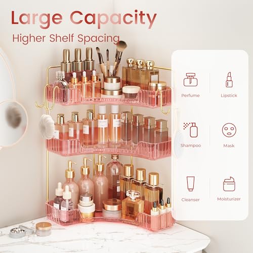 Corner Bathroom Counter Organizer 3-Tier Bathroom Organizer Countertop with Hooks Perfume Organizers Storage Shelf for Makeup & Skincare Dresser-Pink - color: Pink, size: 3 Tier