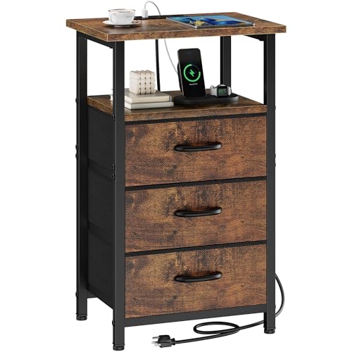 Vagusicc Nightstand with Charging Station, Bedside Table with USB Ports and Outlet, End Table Side Table with 3 Fabric Drawers and Storage Shelf, Bed Side Table Night Stand for Bedroom, Rustic Brown - color: Rustic Brown, size: 1 Piece, style: Ordinary