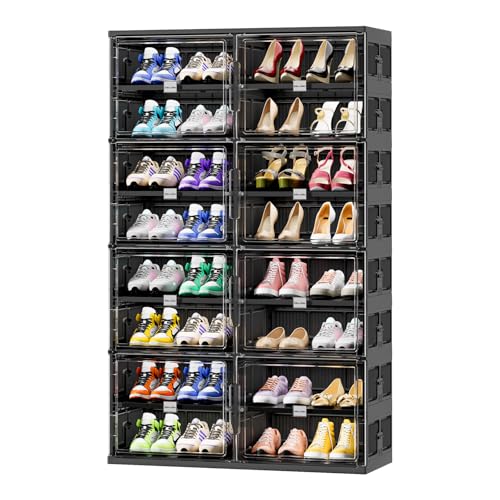 JEKO&JEKO 8 Tiers Foldable Shoe Rack Organizer Cabinet for Closet Entryway, Large Collapsible Shoe Storage Box with Magnetic Doors (Black) - color: Double-row, size: 8 Tiers