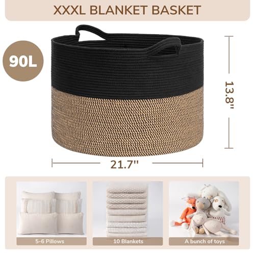 INDRESSME Large Storage Baskets for Organizing, 21.7 x 13.8 Blanket Basket Living Room Dog Toy Bin, Woven Laundry Basket for Dirty Clothes, Pillows, Towel, 90L Mix Black - color: Black & Mix Camel, size: 21.7"D x 13.8"H