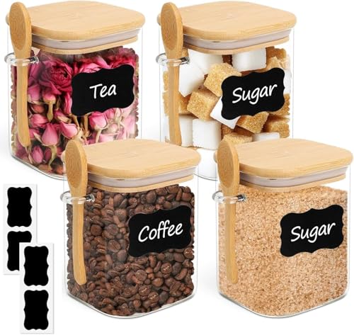 ComSaf 0.8 Qt Glass Jars with Bamboo Lids & Spoons Set of 4, Square Glass Containers with Lids, Sugar Coffee Containers Salt Spice Jars, Pantry Storage Container for Loose Tea, Candy, Brown Sugar, Nut - size: 0.8Qt*4