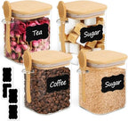 ComSaf 0.8 Qt Glass Jars with Bamboo Lids & Spoons Set of 4, Square Glass Containers with Lids, Sugar Coffee Containers Salt Spice Jars, Pantry Storage Container for Loose Tea, Candy, Brown Sugar, Nut - size: 0.8Qt*4