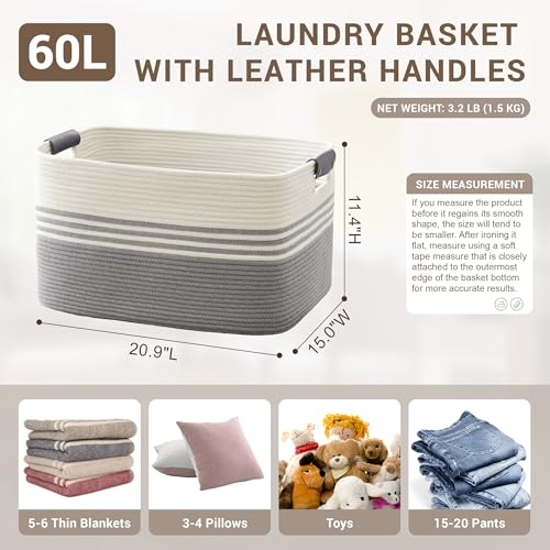 60L Large Laundry Basket with Leather Handles for Living Room Storage, Woven Rope Baskets Bin for Blanket, Kids Toy, Gifts, Wicker Hamper for Bedroom Dirty Clothes, 21"x15"x11" White Grey - color: Grey, size: 60L