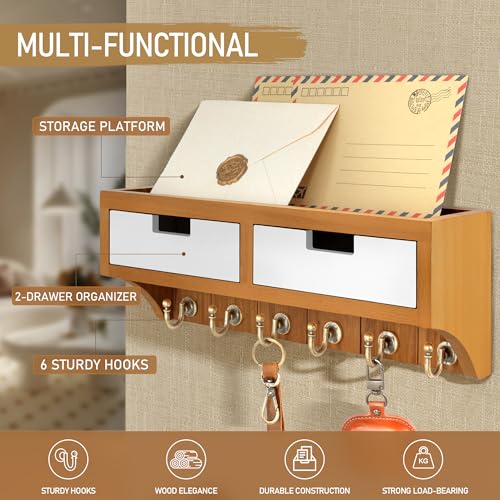 Rebee Vision Modern Farmhouse Key Holder Wall Mount with 2 Drawer Organizer : Mail Organizer with 6 Key Hooks and Wall Shelf - Home Organization for Room Decor (Light Brown & White) - color: Light Brown & White, style: 2-Drawer