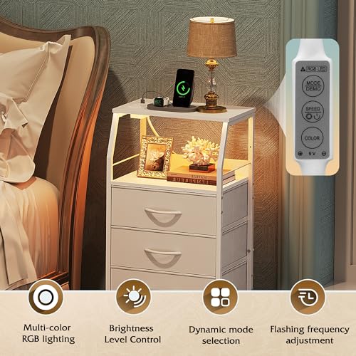 WLIVE Night Stand with Charger Station, White Nightstand with LED Light and 4 Storage Drawers, Tall Dresser for Bedroom, 37.48" H Bedside Table with Fabric Bins, Wood Shelf - color: White, size: 4 Drawers