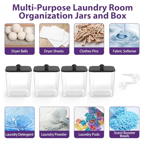 COAZEX 4 Pack Clear Laundry Pods Container, Plastic Square Laundry Room Organization and Storage Jars with Black Lids, Scoops & Labels for Detergent, Powder, Dryer Balls - color: 4 Pack