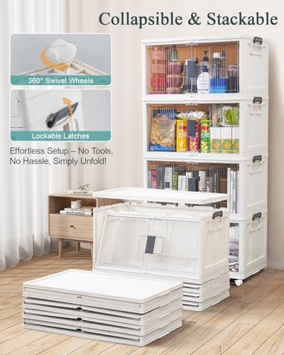 OlarHike 6 Pack 76QT Lockable Storage Bins with Lids - Folding Storage box with Doors and Wheels, Collapsible Plastic Storage Bins for Closets, Stackable Storage Organizer, Storage Containers - size: 76QT-White, style: 6Pack