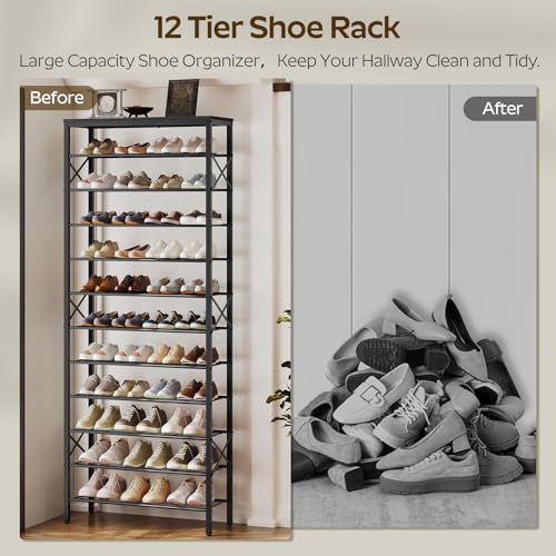 YATINEY 12 Tier Shoe Rack, Large Capacity Shoe Storage Organizer Holds 48 Pairs, Sturdy and Stable, for Entryway, Hallway, Closet, Dorm Room, Black SS12BB - color: Black, size: 27.8" x 10.8" x 79.3"