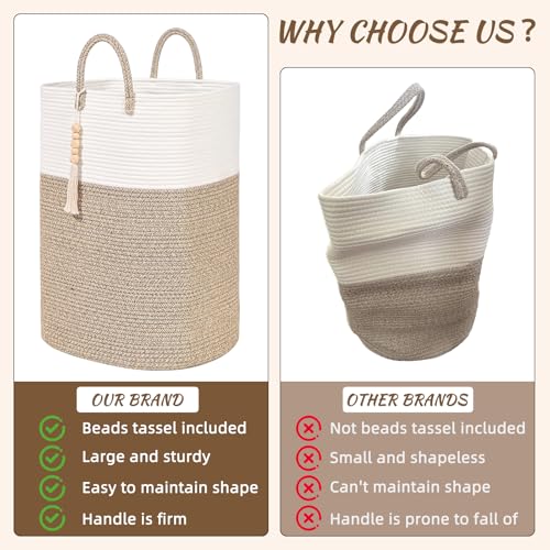 Woven Laundry Basket for Clothes, 80L Large Rectangle Laundry Hampers with Beads Tassel, Nursery Storage Basket for Toys, Tall Dirty Clothes Hamper for Bedroom Aesthetic, Laundry Room Organization - color: Brown, size: 80L