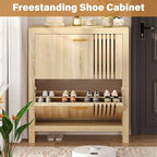 knoworld Shoe Storage Cabinet for Entryway with 2 Flip Drawers, 31.5" Slim Fluted Shoe Organizer Cabinet, Narrow Wooden Shoe Rack Cabinet, Freestanding Hidden Shoe Cabinet for Hallway, Entrance (Oak)