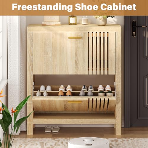knoworld Shoe Storage Cabinet for Entryway with 2 Flip Drawers, 31.5" Slim Fluted Shoe Organizer Cabinet, Narrow Wooden Shoe Rack Cabinet, Freestanding Hidden Shoe Cabinet for Hallway, Entrance (Oak)
