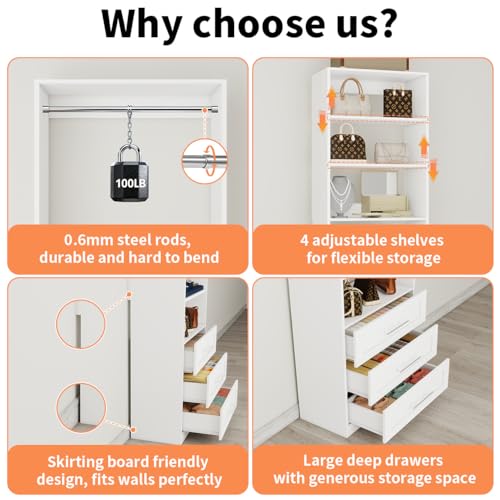 Closet System with 4 Sets, 8–21 FT Closet System with 6 Drawers, 9 Shelves & 8 Hanging Rods, Max 252″ Closet Organizer System for Walk in Closets, Modular Custom Wood Closet Kit, White