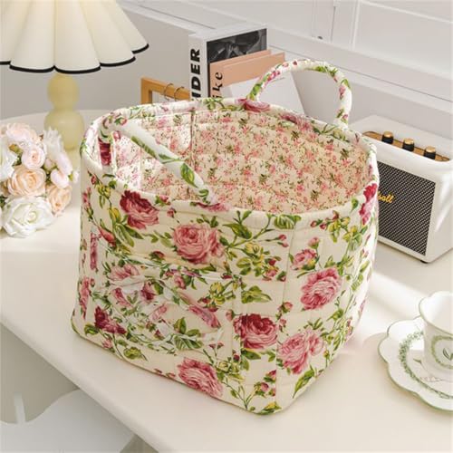 Fabric Baskets for Storage - Quilted Boho Floral Basket with Handles, Foldable Organizer for Home, Office, Clothes, Blankets, Books or Toys - 12'' x 10'' x 10''(White) - color: White
