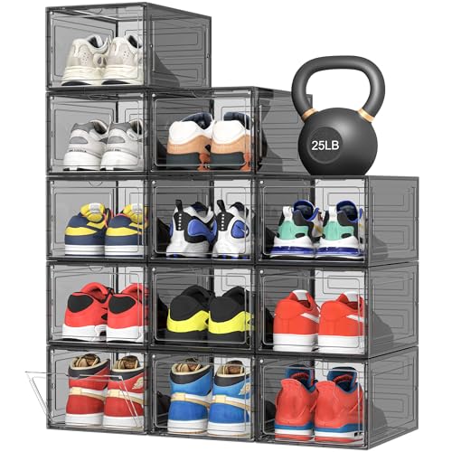 Pinkpum Upgraded Hard Shoe Storage Box 12 Pack X-Large Fit Size 12, Thicken & Sturdy Clear Plastic Stackable Shoe Organizer Box Closet, Sneaker Storage Display Case with Magnetic Door Black - color: Black Clear, size: 12 pcs